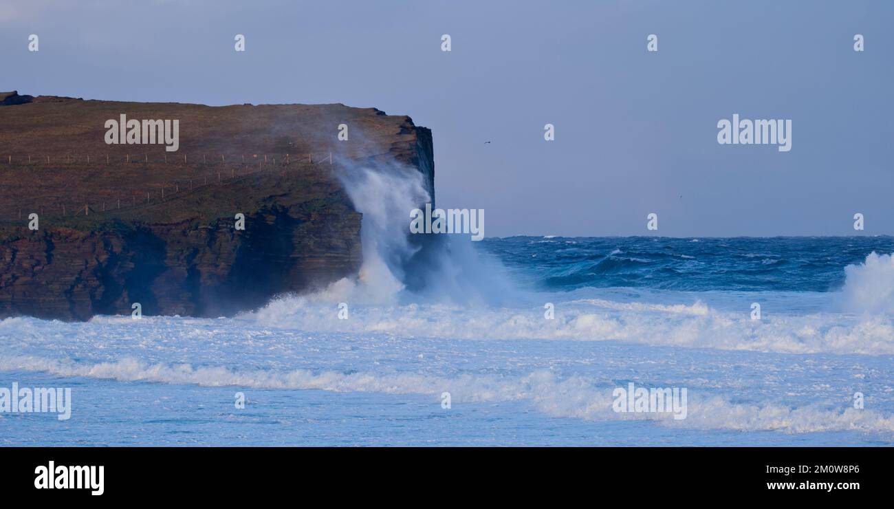Brough of Birsay cliffs and rough seas, Orkney Isles Stock Photo