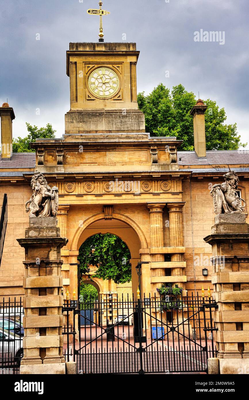 A vertical shot of the entrance of The Royal Mews, Buckingham Palace in London, England. Stock Photo