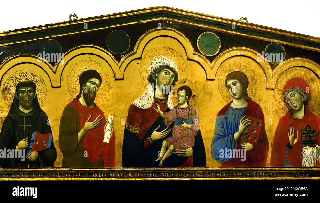 Madonna and Child, St. Francis, St. John the Baptist, St. John the Evangelist and St. Mary Magdalene, by Guido da Siena, From the church of S. Francesco in Colle Val d'Elsa, Christian Art, Italy, Italian. Stock Photo