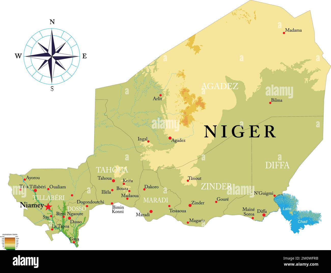 Highly detailed physical map of Niger in vector format,with all the relief forms,regions and big