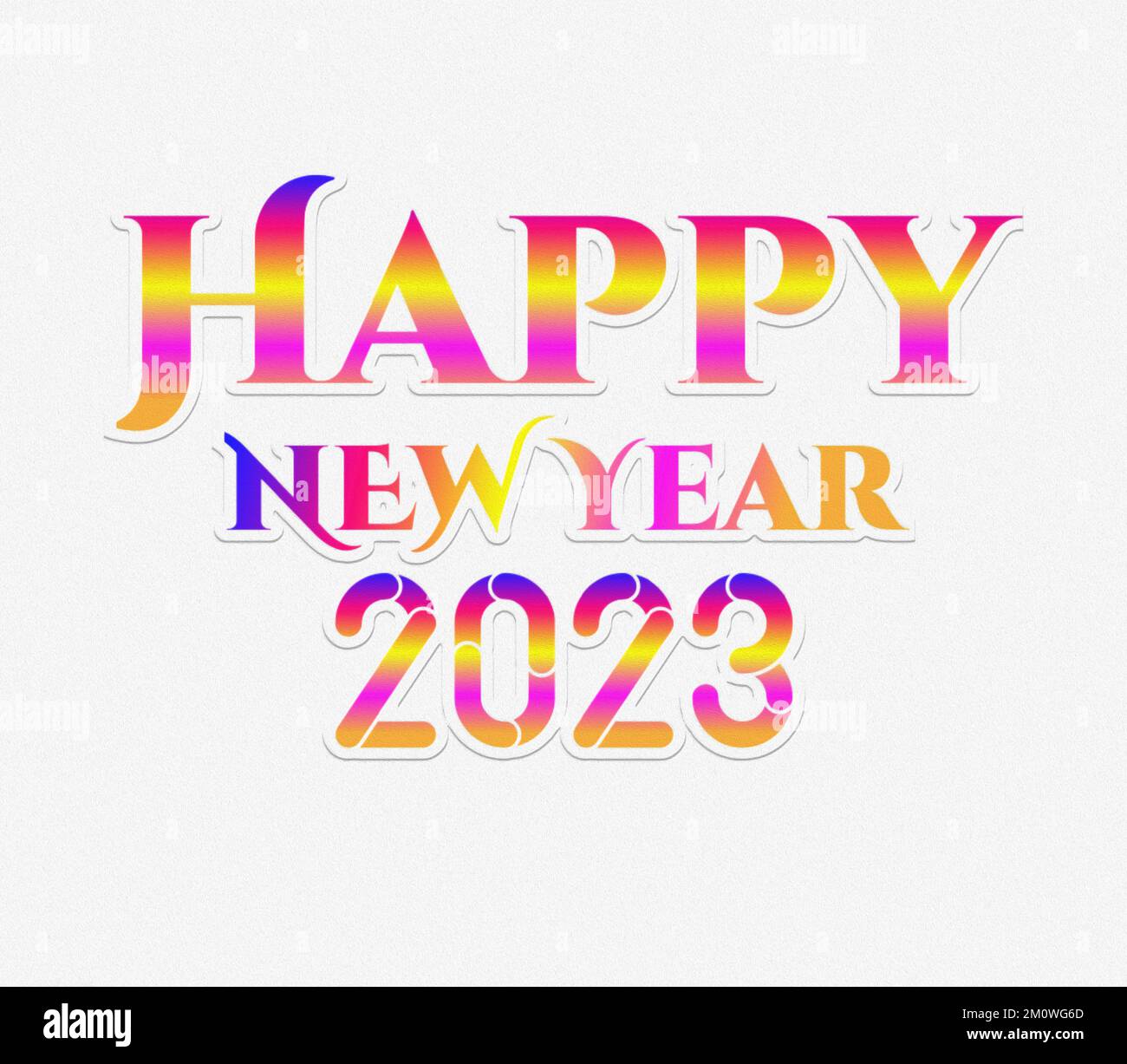 A 3D rendering colorful Happy New Year 2023 text isolated on white background Stock Photo