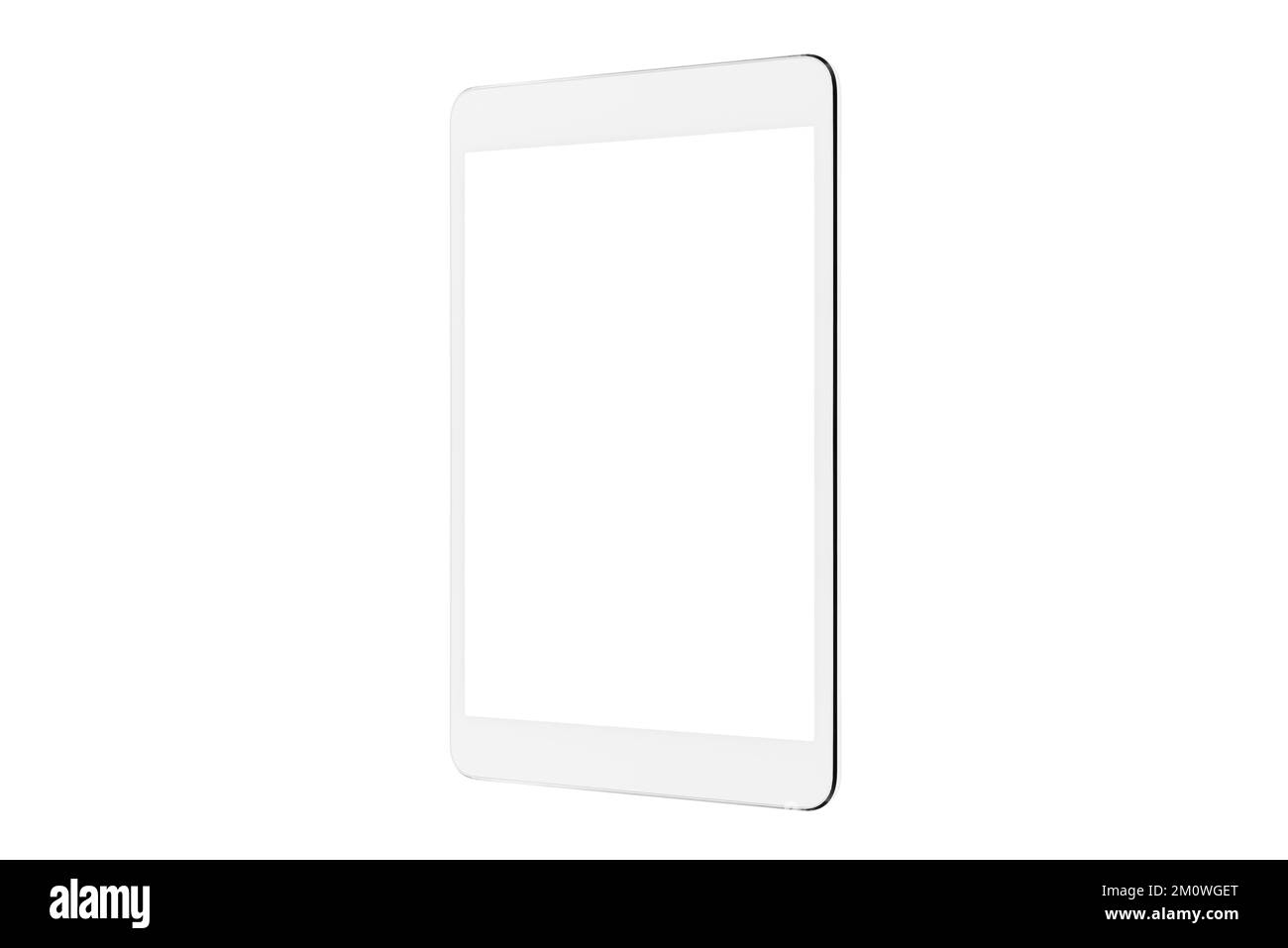 Digital Tablet isolated in three-quarters mockup white background, New Modern Black Frameless Tablet Blank With White Screen Stock Photo