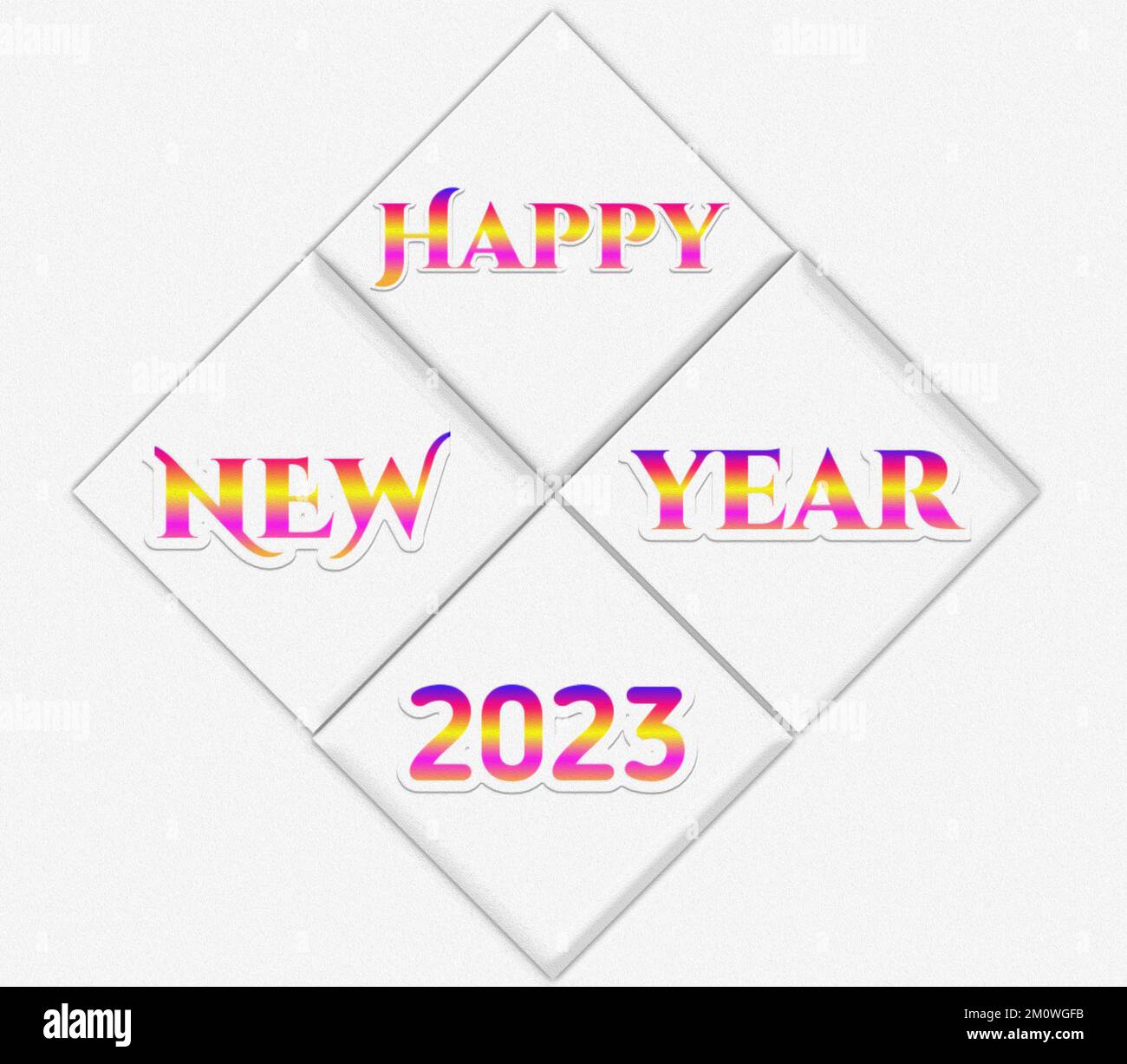 Abstract colorful Happy New Year 2023 lettering isolated on white background with shapes. Greeting card design template Stock Photo