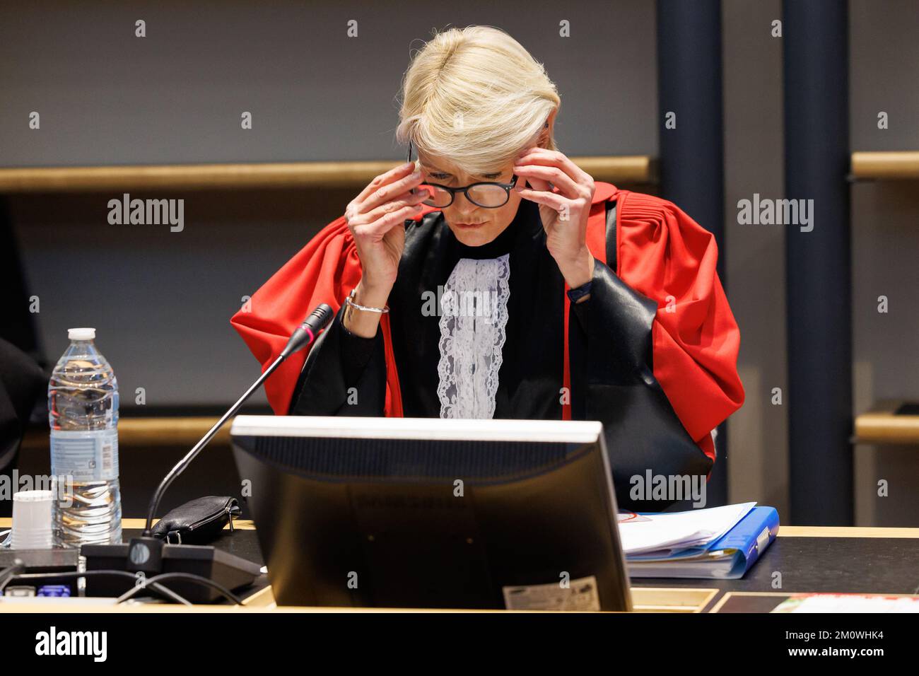 Chairwoman of the court Martine Baes pictured during the jury constitution session at the assizes trial Frederic Lepoint before the Assizes Court of Hainaut Province in Mons, Thursday 08 December 2022. Lepoint is accused of the murder of his wife Aline Thirion in 2014. BELGA PHOTO KURT DESPLENTER Stock Photo