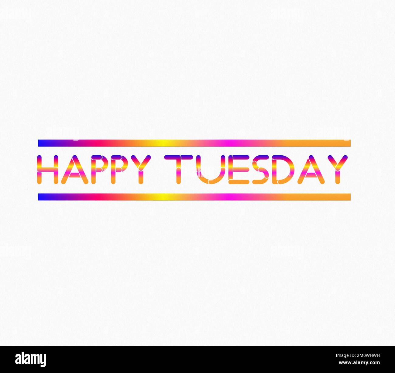 An Illustrated HAPPY TUESDAY text isolated on white background. Multicolored letters. Fun phrase design Stock Photo
