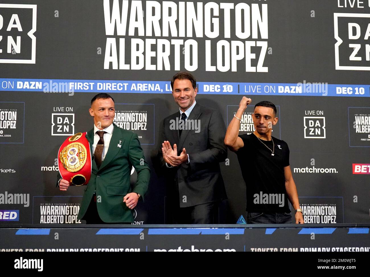 Boxing promoter Eddie Hearn (centre), Josh Warrington (left) and Luis Alberto during a press conference at Aspire, Leeds. Picture date: Thursday December 8, 2022. Stock Photo