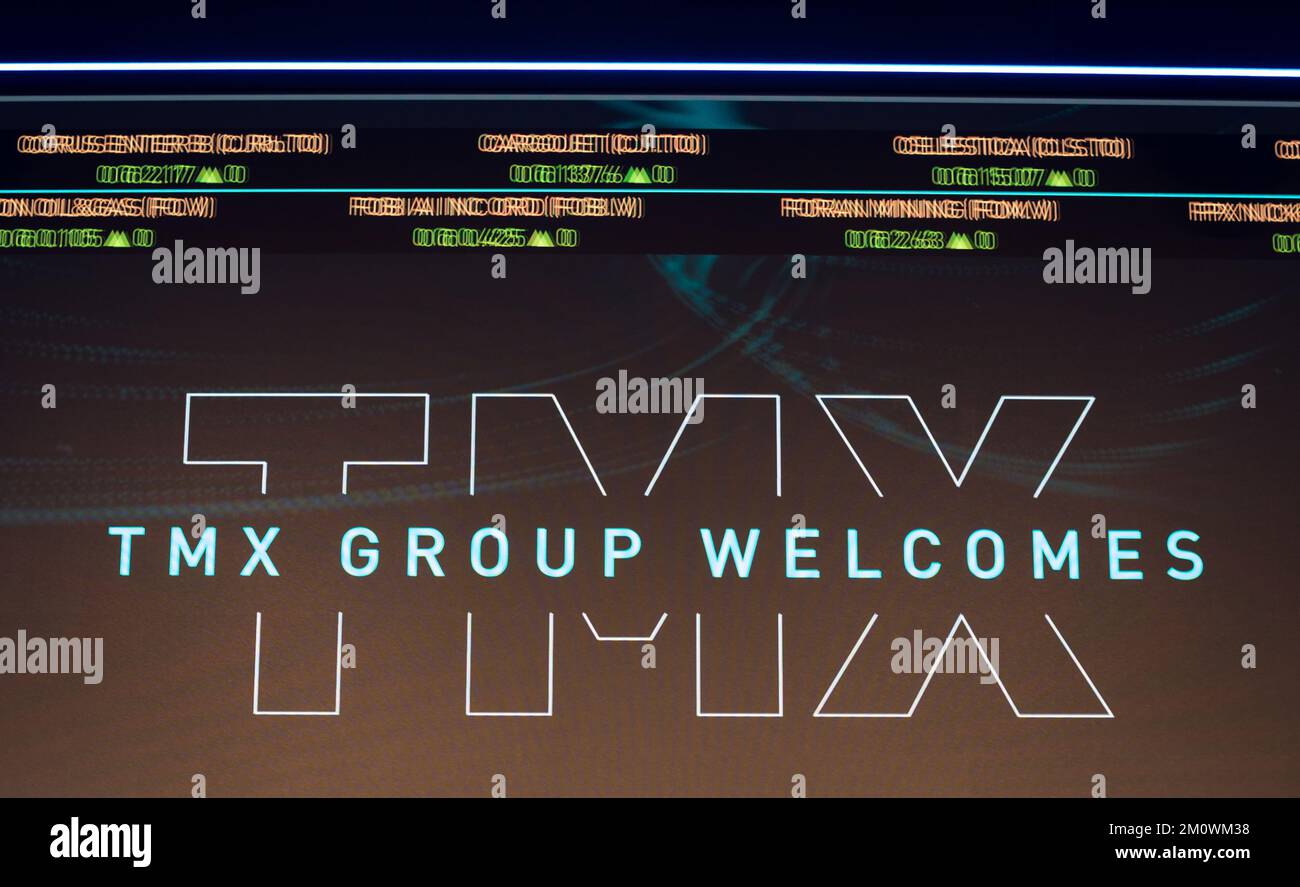 The s p tsx composite index screen at the tmx market centre in downtown