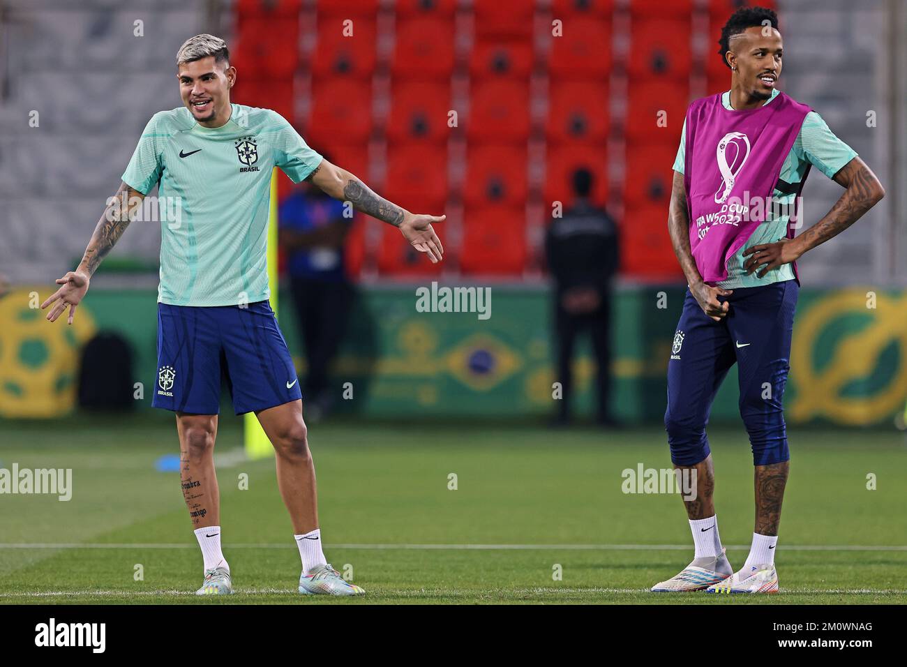 Doha, Qatar. 08th Dec, 2022. Bruno Guimaraes and Eder Militao from Brazil, during training at the Grand Hamad Stadium, this Thursday 8th. The team is preparing to face Croatia in the quarterfinals of the FIFA World Cup Qatar 2022. 30761 (Heuler Andrey/SPP) Credit: SPP Sport Press Photo. /Alamy Live News Stock Photo