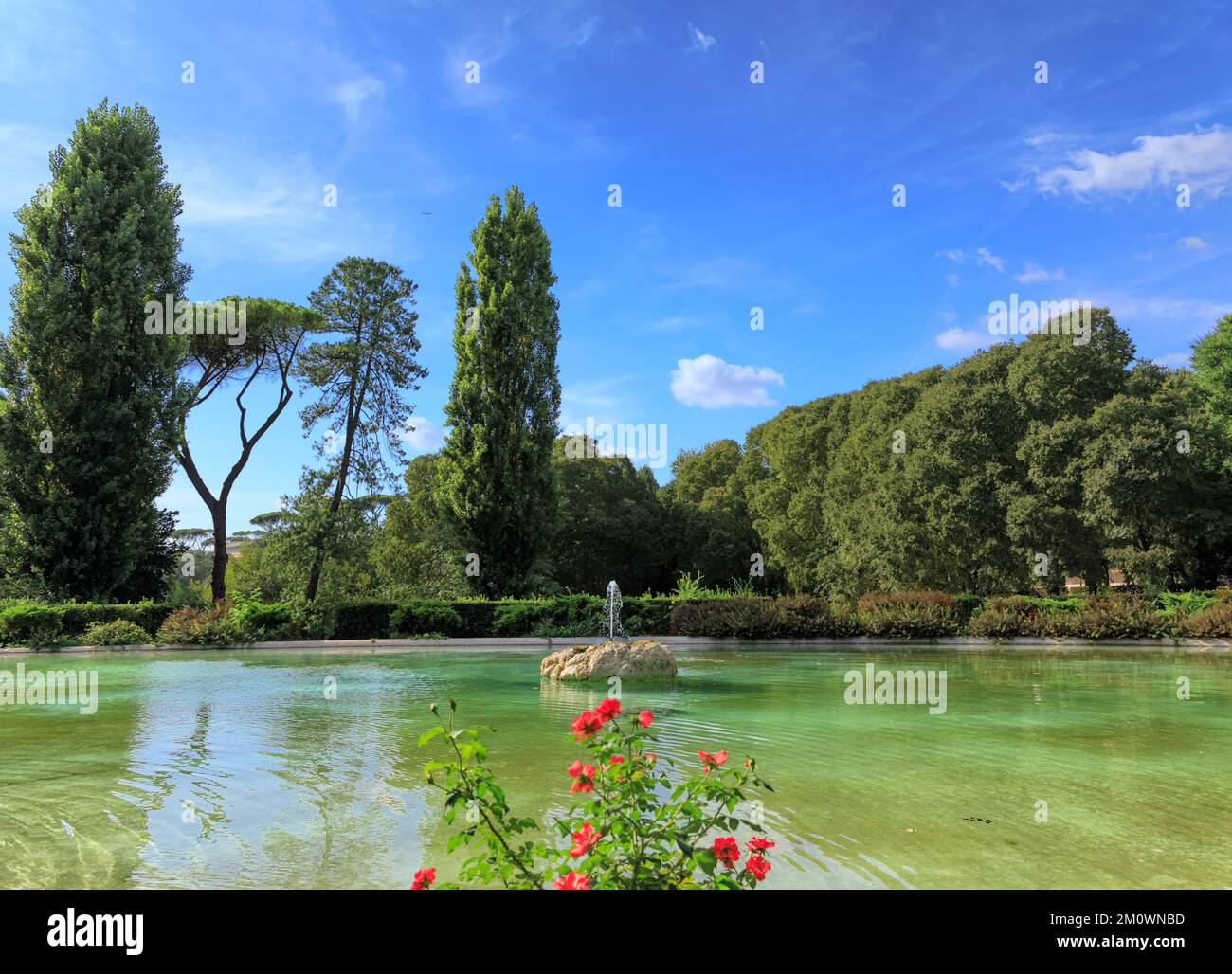 Villa borghese Garden in Rome, Italy: view of english garden with the Oval Fountain. Stock Photo