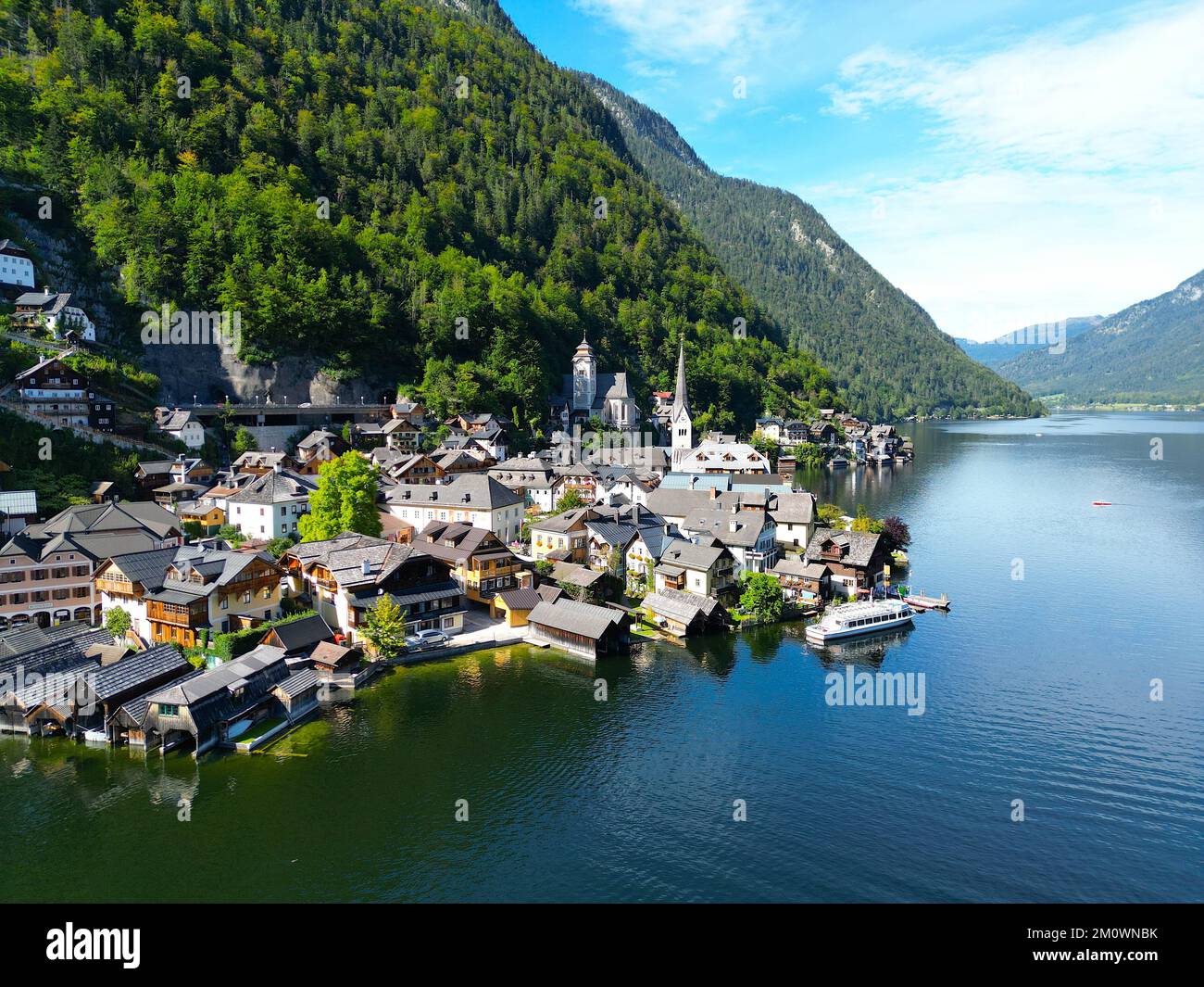 Hallstatt Austria beautiful lakeside village drone aerial view Stock Photo