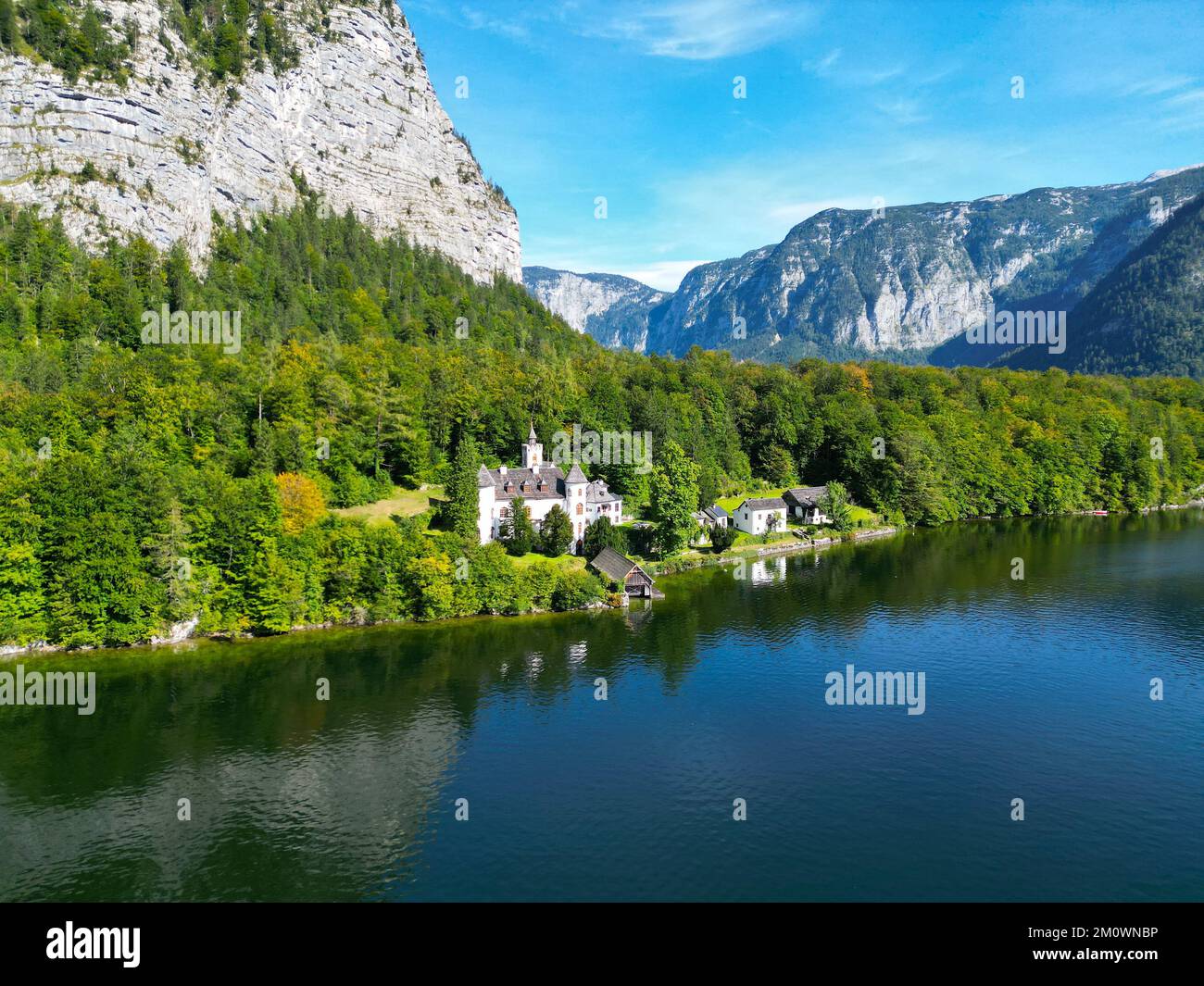 Hallstatt Austria beautiful lakeside village drone aerial view Stock Photo
