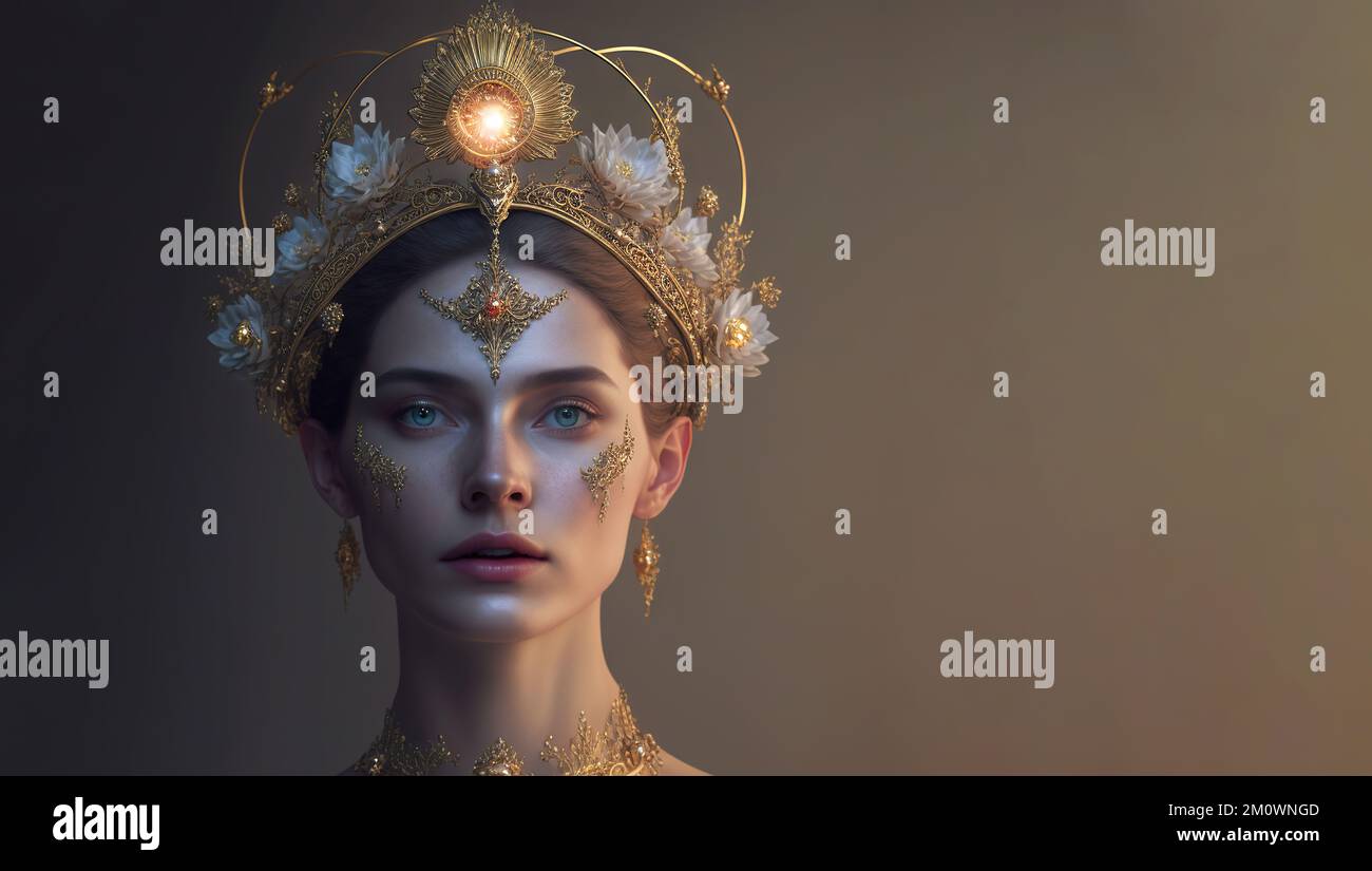 An AI generated illustration of beautiful female with ornate halo