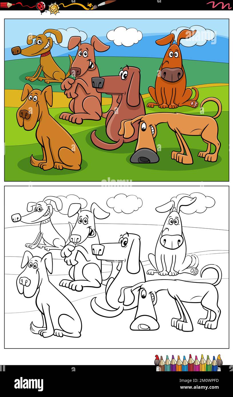 Cartoon illustration of funny dogs comic characters group coloring page ...