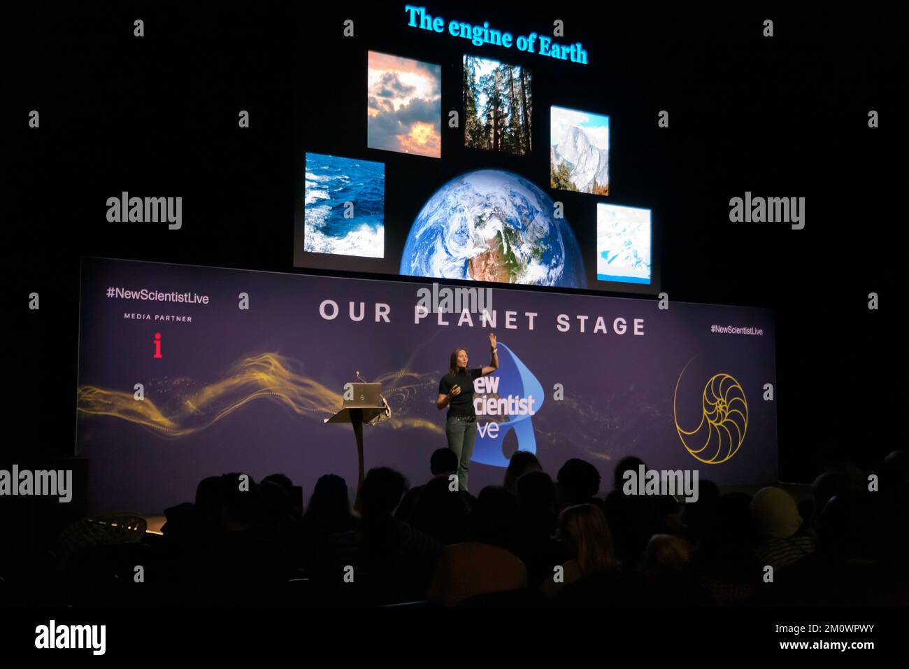 Helen Czerski giving a talk entitled 'Physicist in the wild' on the Our Planet Stage, during the dedicated Shool's Day, at New Scientist Live 2022 Stock Photo