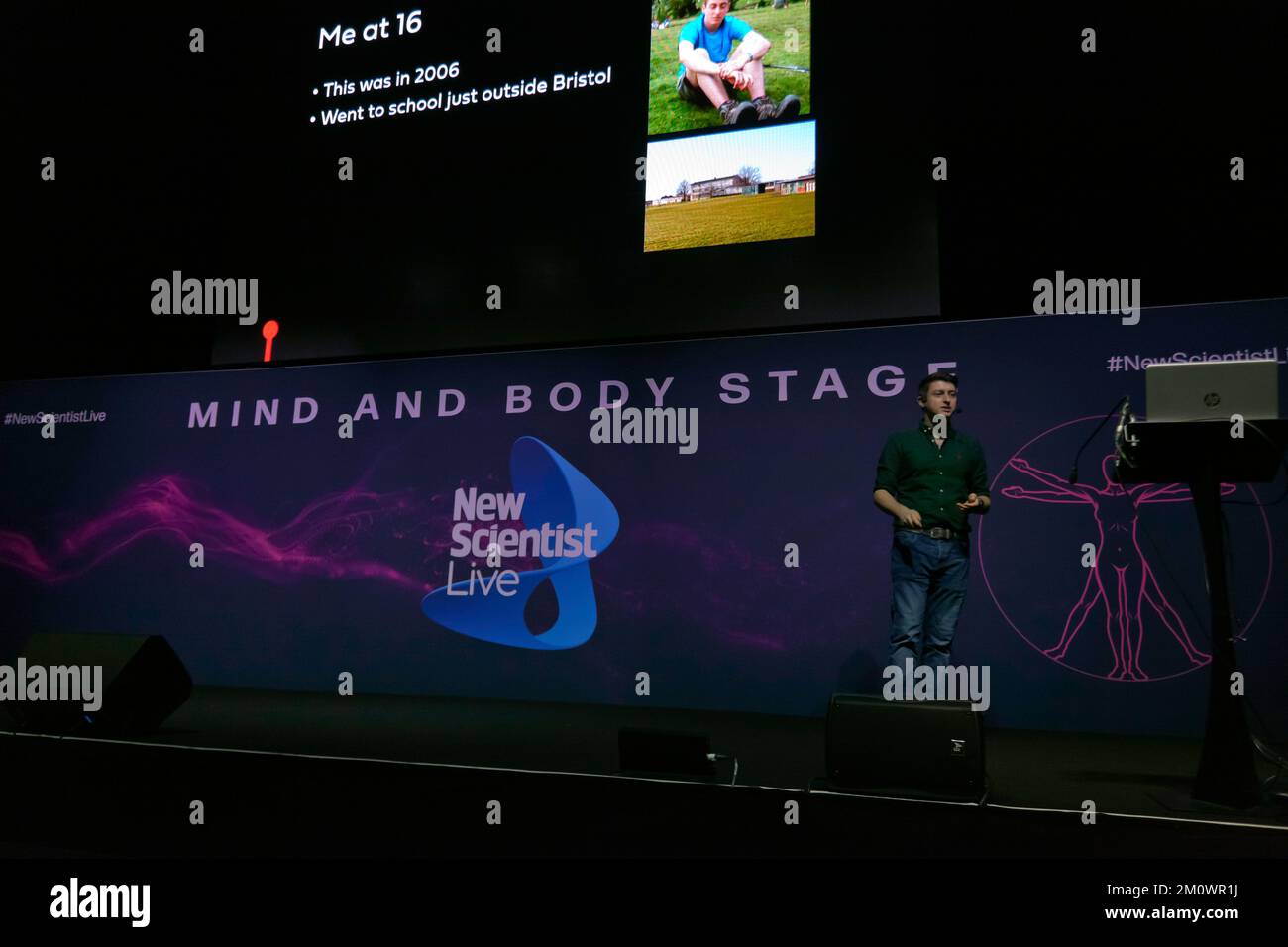 Simon Clark giving a talk entitled 'How I became a YouTube scientist', on the Mind and Body Stage at  New Scientist Live 2022 Stock Photo