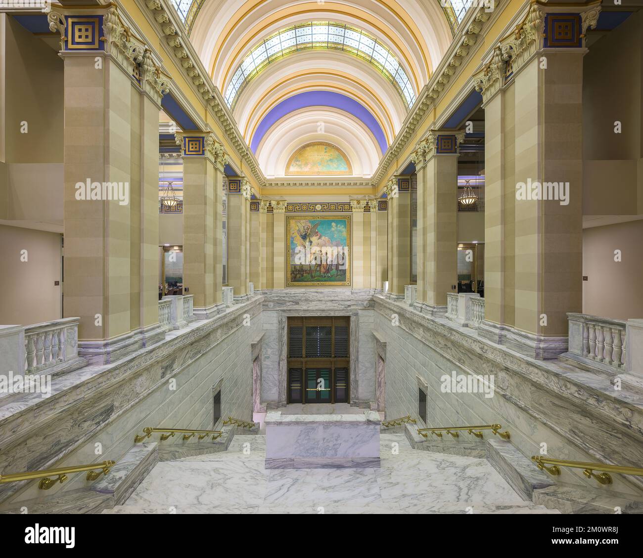Grand staircase and Pro Patria oil painting in the Oklahoma State Capitol building in Oklahoma City, Oklahoma Stock Photo