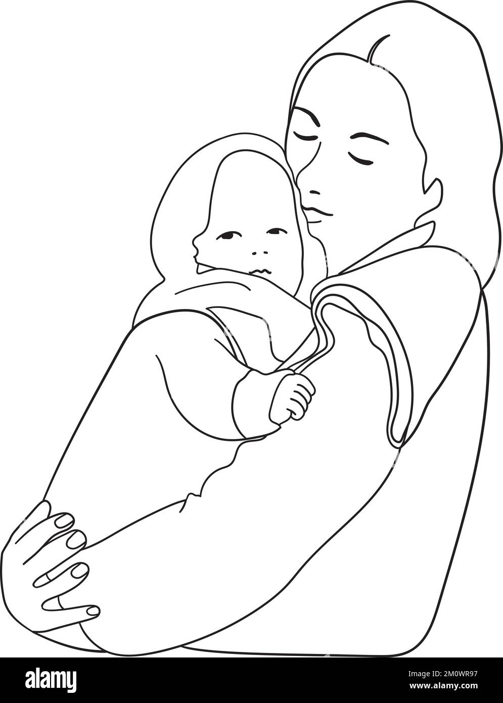 Mother holding baby line drawing isolated vector illustration Stock