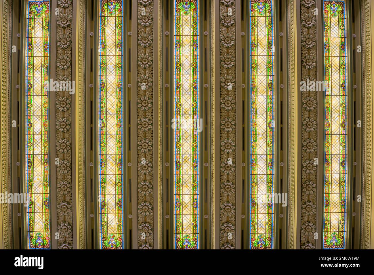 Stained glass ceiling of the House of Representatives chamber of the Oklahoma State Capitol building in Oklahoma City, Oklahoma Stock Photo