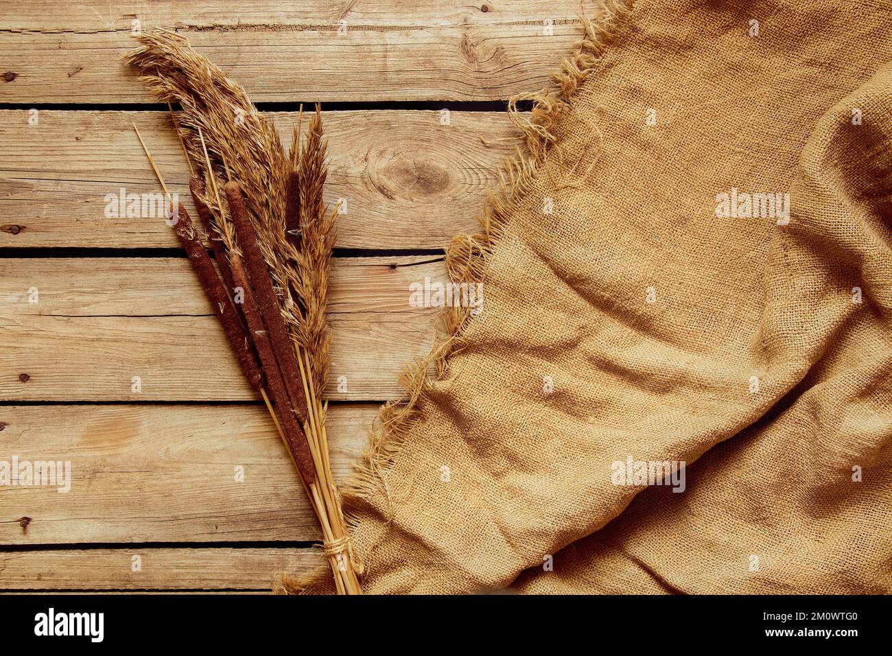 Branches of dry reeds lie next to an old sack cloth on a wooden ...