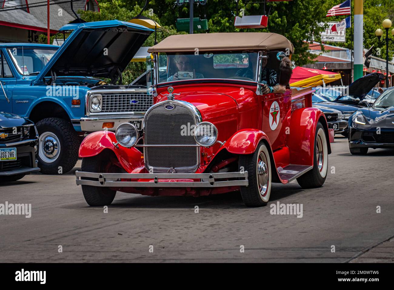 Des Moines, IA July 03, 2022 Wide angle front view of a 1929 Ford