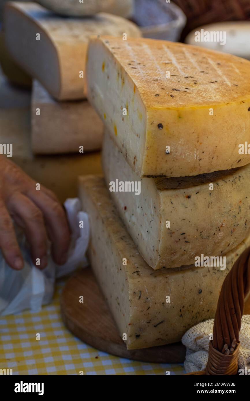 Craft cheese at the fair sale on the counter in November. Farmers