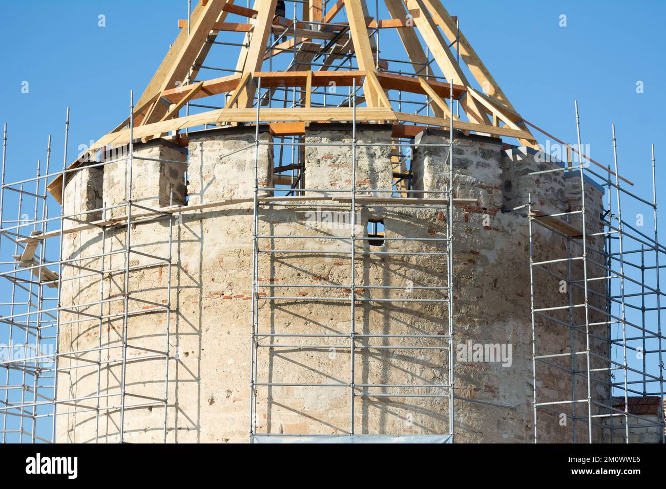 Repair of the towers of the Tighina Fortress is a 15th-century fortress on the right bank of the Dniester River in Bender, Moldova, built from earth a Stock Photo