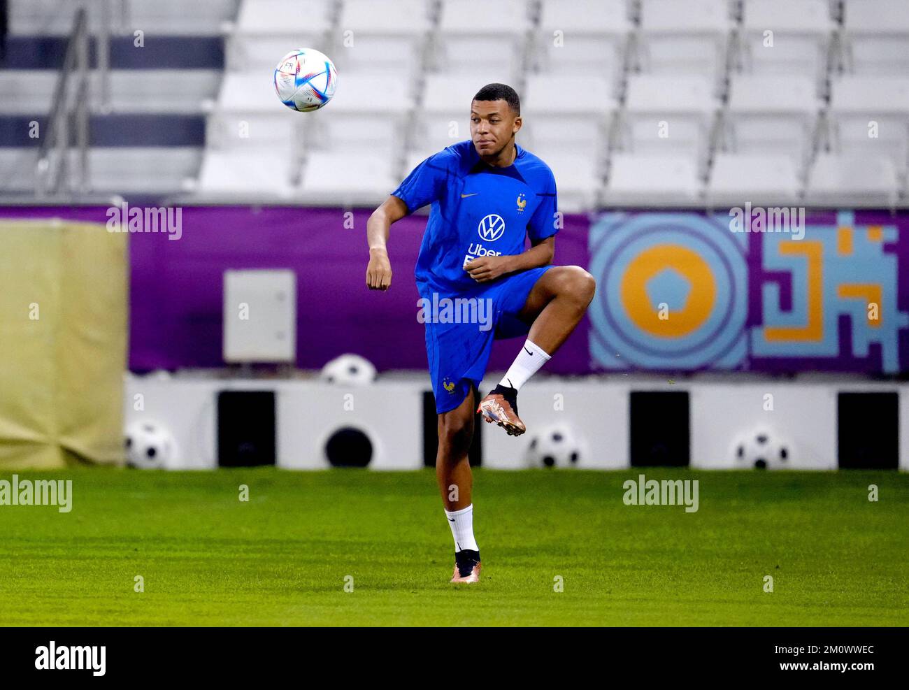 France's Kylian Mbappe during a training session at the Al Sadd SC Stadium in Doha, Qatar. Picture date: Thursday December 8, 2022. Stock Photo