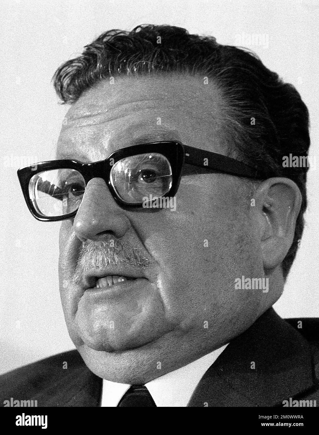 Salvador Allende, Chilean politician and president of Chile, during a press conference at the Chilean Embassy in Buenos Aires, Argentina. He attended the Héctor J. Cámpora inauguration as President of Argentina on May 1973. A few months later, on September 1973, he would commit suicide in his office during General Augusto Pinochet Ugarte´s takeover. Stock Photo