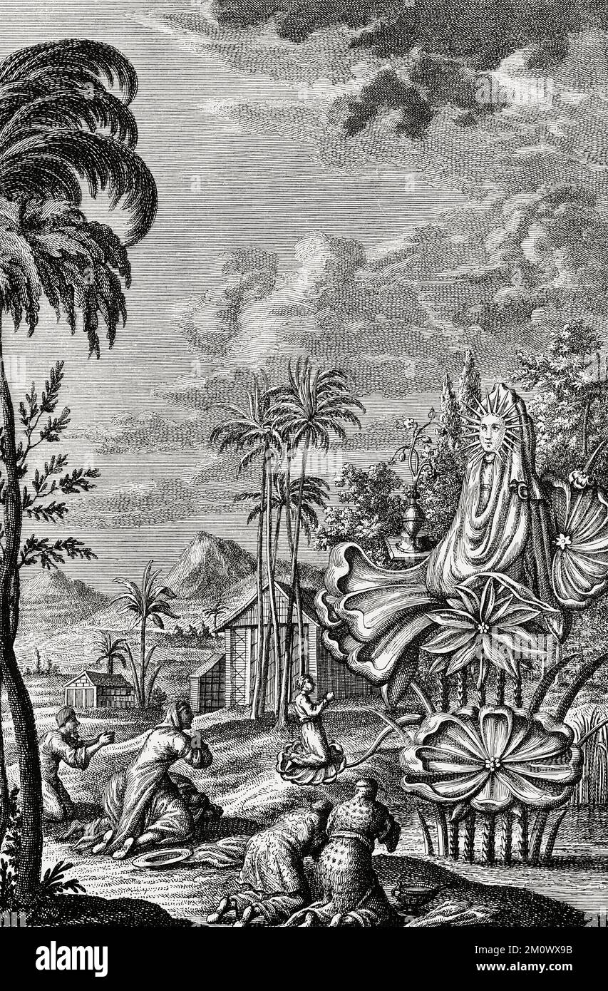 Sun worship in Babylon, 1733 Stock Photo