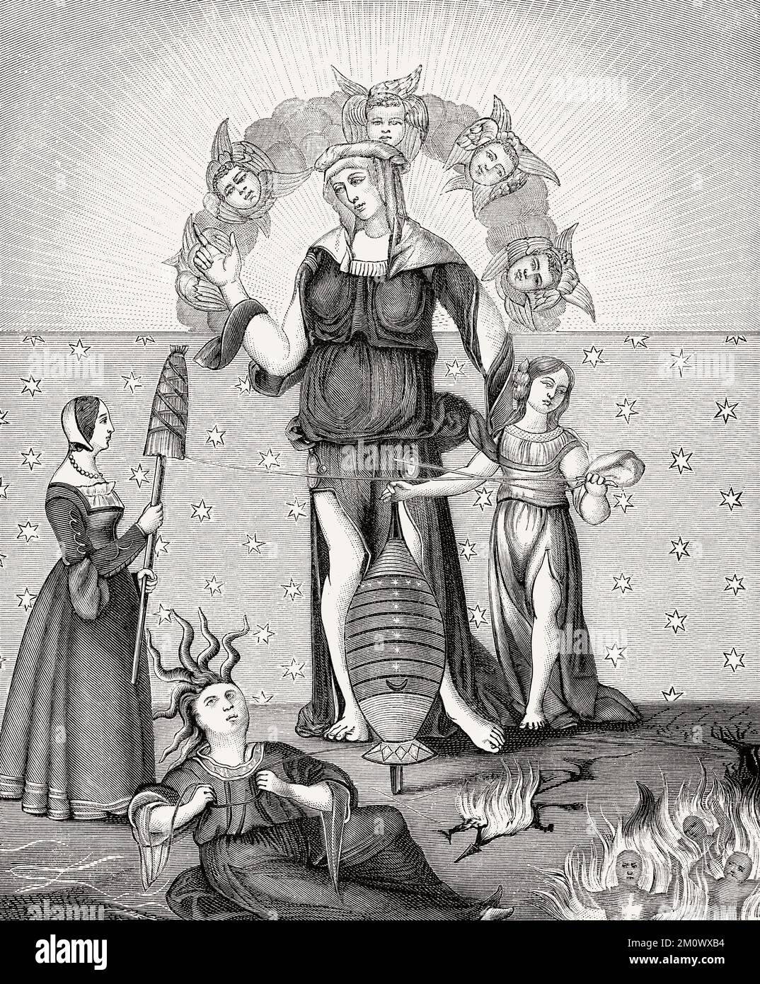 Allegorical illustration of the Dame Astrology with the Three Fates, after a 16th century French manuscript Stock Photo