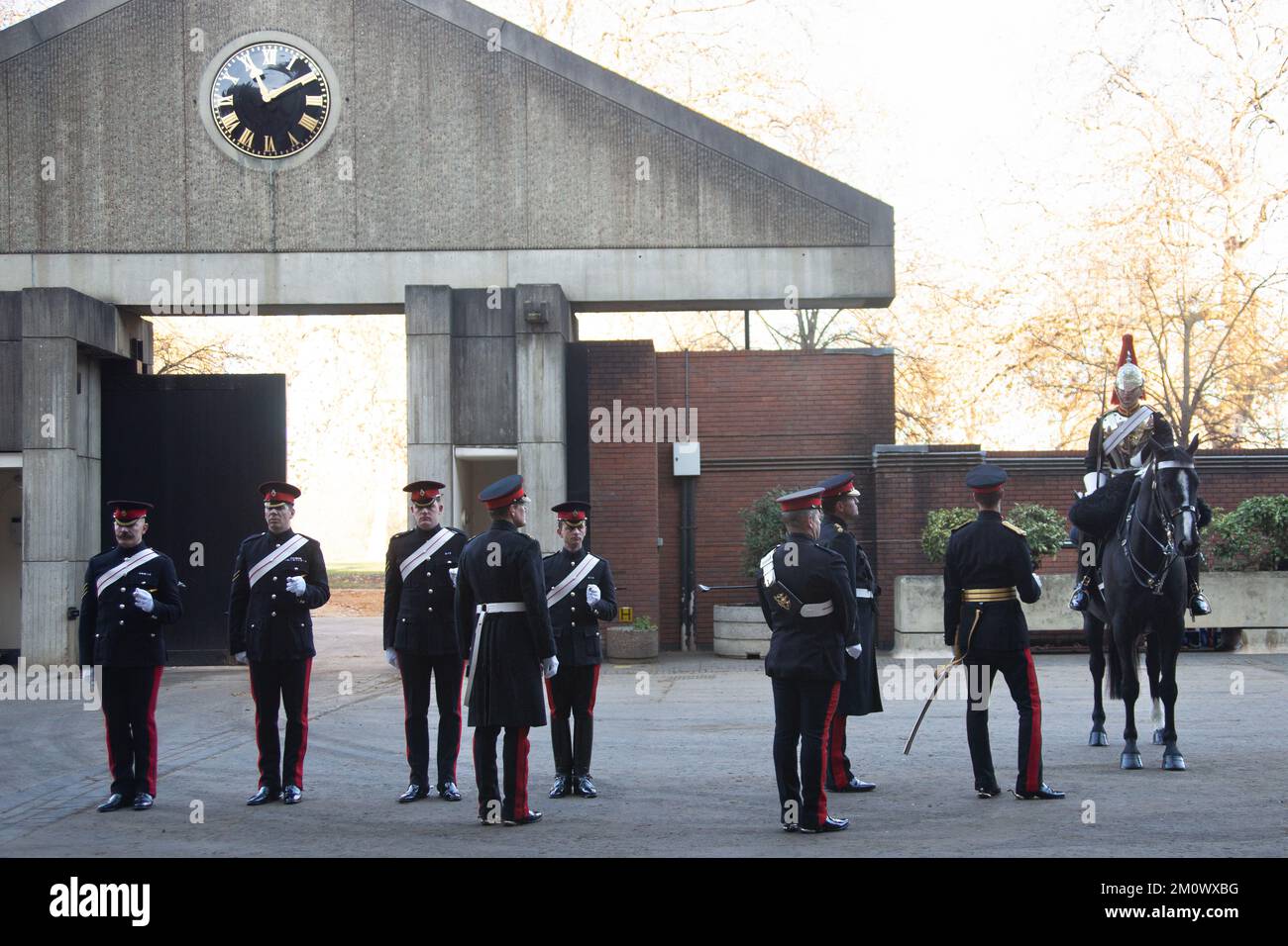 London, UK. 8th Dec, 2022. Household Cavalry Pass Out Parade of Dettingen Ride at Hyde Park Barracks. Dettingen Ride pass out inspected by Major General Jonathan Swift OBE, General Officer Commanding, Regional Command. Lt Colonel Thomas Armitage commanding the Household Cavalry Mounted Regiment. Credit: Peter Hogan/Alamy Live News Stock Photo