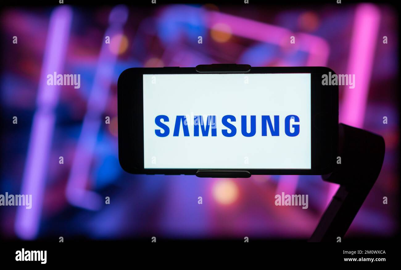 In this photo illustration, a logo of samsung mobile company is seen on a mobile phone screen
