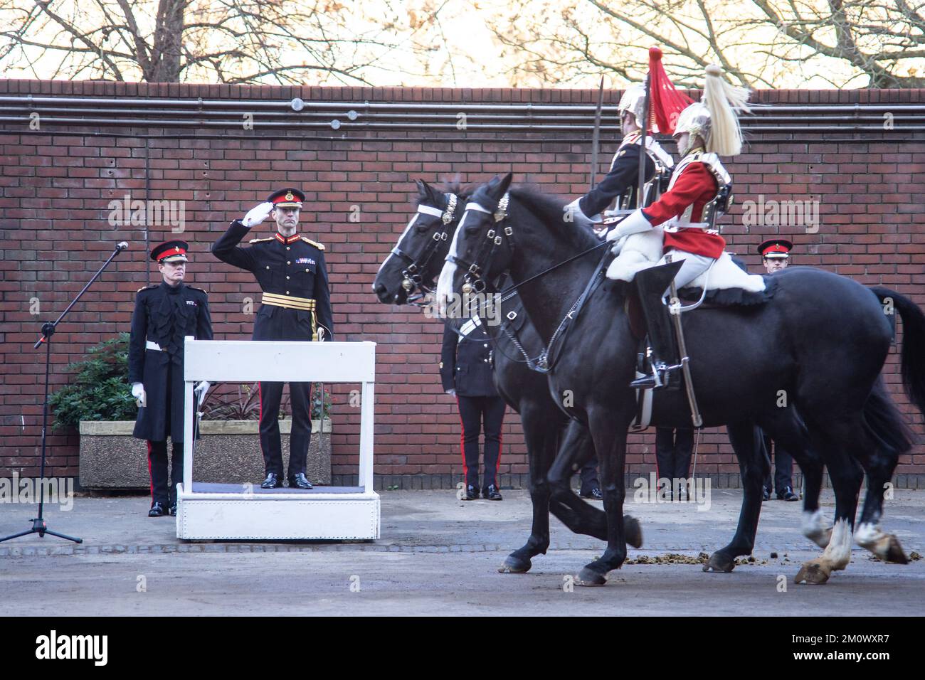 London, UK. 8th Dec, 2022. Household Cavalry Pass Out Parade of Dettingen Ride at Hyde Park Barracks. Dettingen Ride pass out inspected by Major General Jonathan Swift OBE, General Officer Commanding, Regional Command. Lt Colonel Thomas Armitage commanding the Household Cavalry Mounted Regiment. Credit: Peter Hogan/Alamy Live News Stock Photo