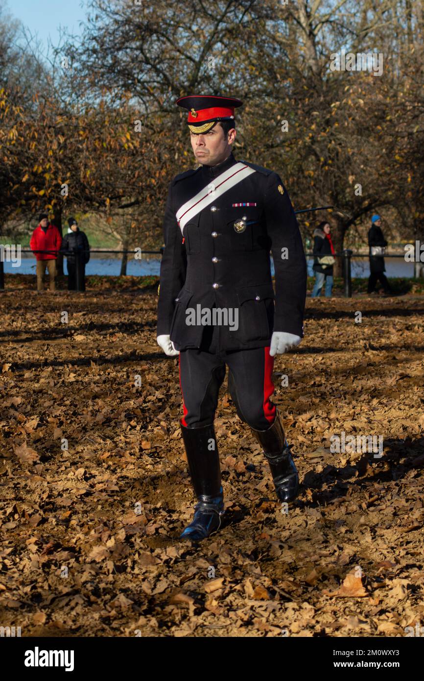 London, UK. 8th Dec, 2022. Household Cavalry Pass Out Parade of Dettingen Ride at Hyde Park Barracks. Dettingen Ride pass out inspected by Major General Jonathan Swift OBE, General Officer Commanding, Regional Command. Lt Colonel Thomas Armitage commanding the Household Cavalry Mounted Regiment. Credit: Peter Hogan/Alamy Live News Stock Photo