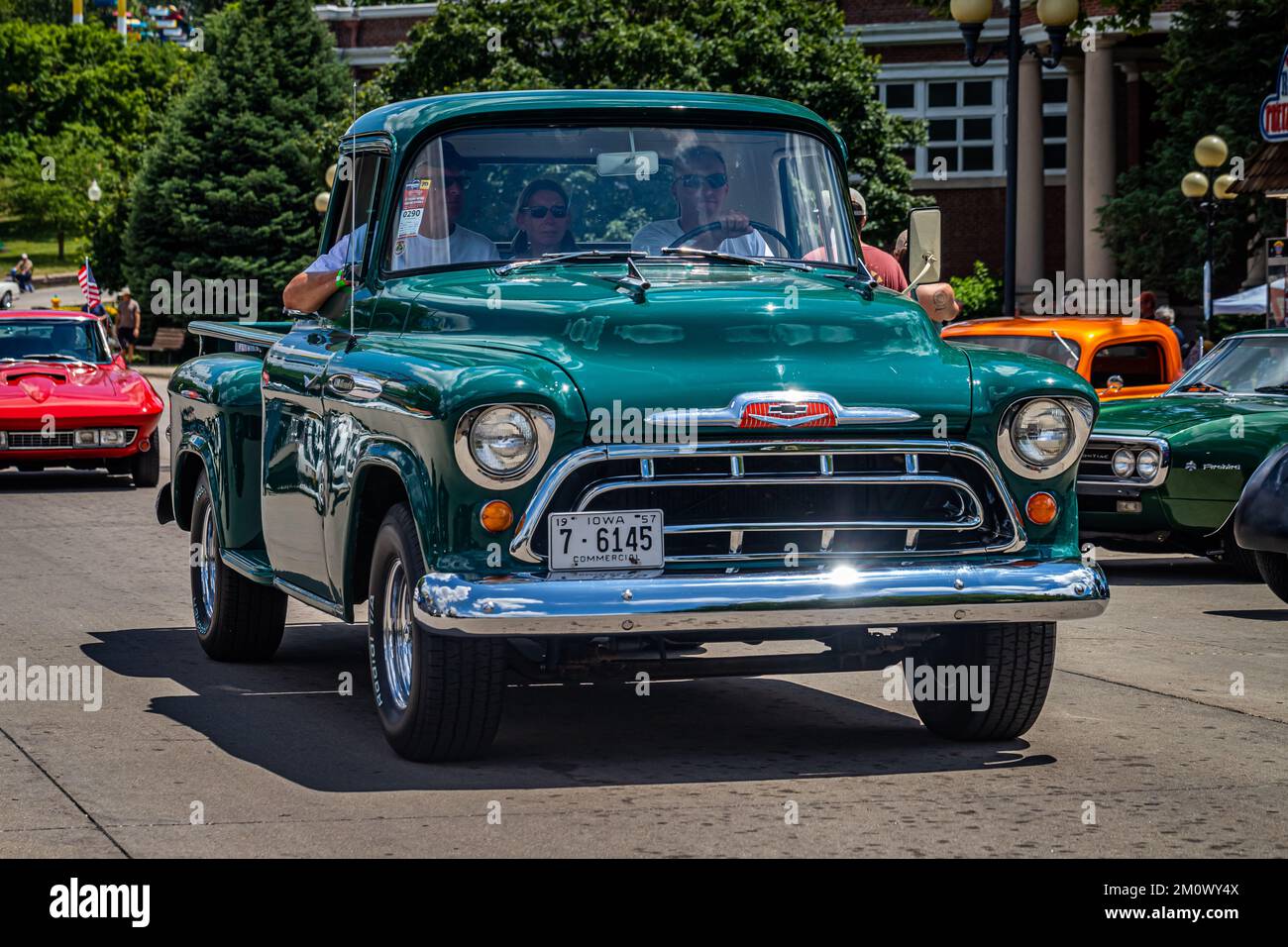 Des Moines, IA - July 03, 2022: Wide angle front view of a 1957 Chevrolet 3200 Pickup Truck at a local car show Stock Photo
