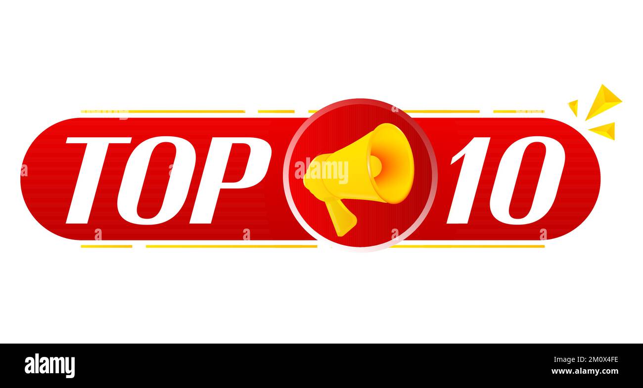 Megaphone with top 10 on white background. Megaphone banner. Web design. Vector Stock Vector