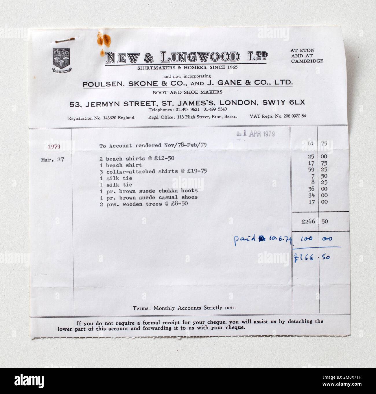 1970s Shop Sales Receipt from New and Lingwood Jermyn Street London Stock Photo