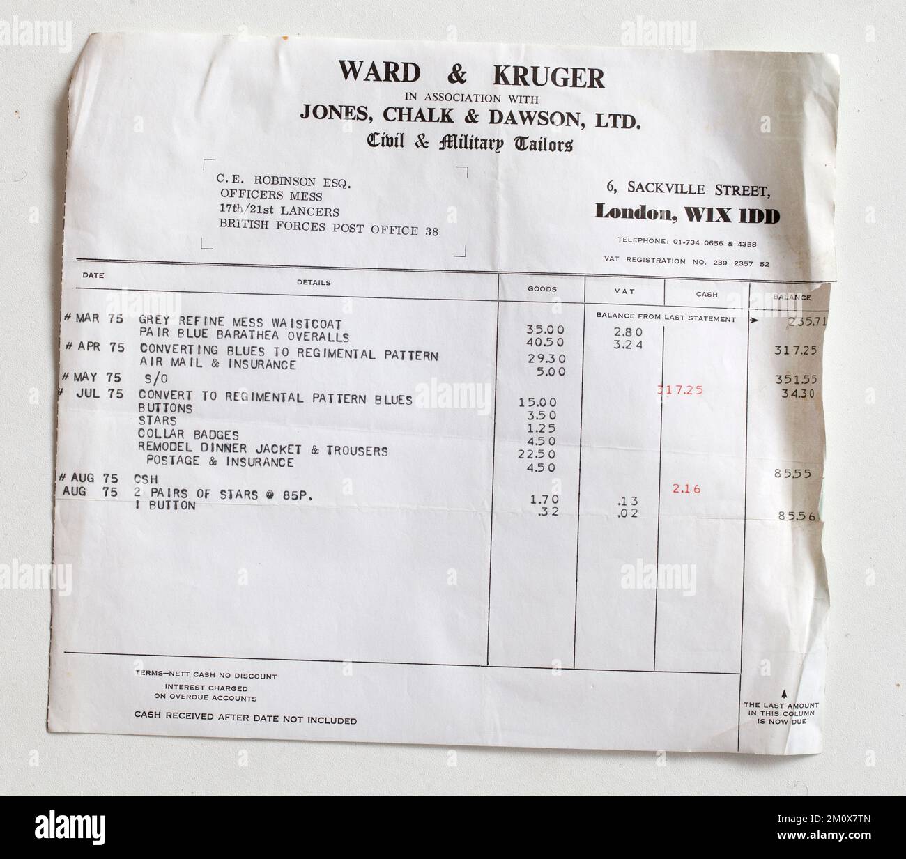 1970s Shop Sales Receipt from Ward and Kruger Military Tailors Sackville Street London Stock Photo