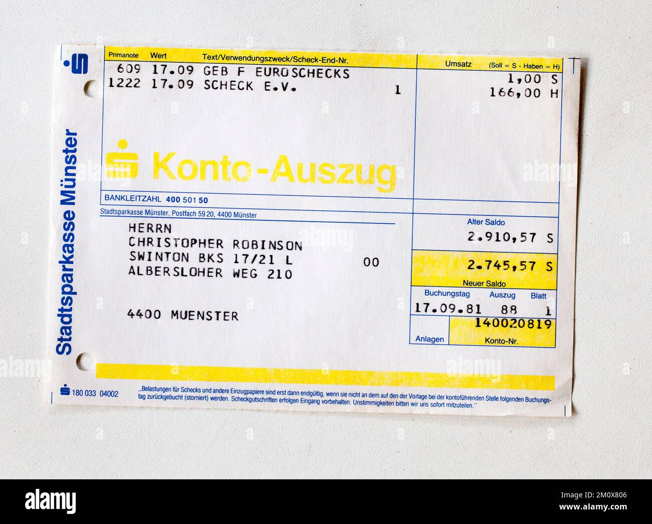 1980s German Banking Slip - Konto Auszug Stock Photo