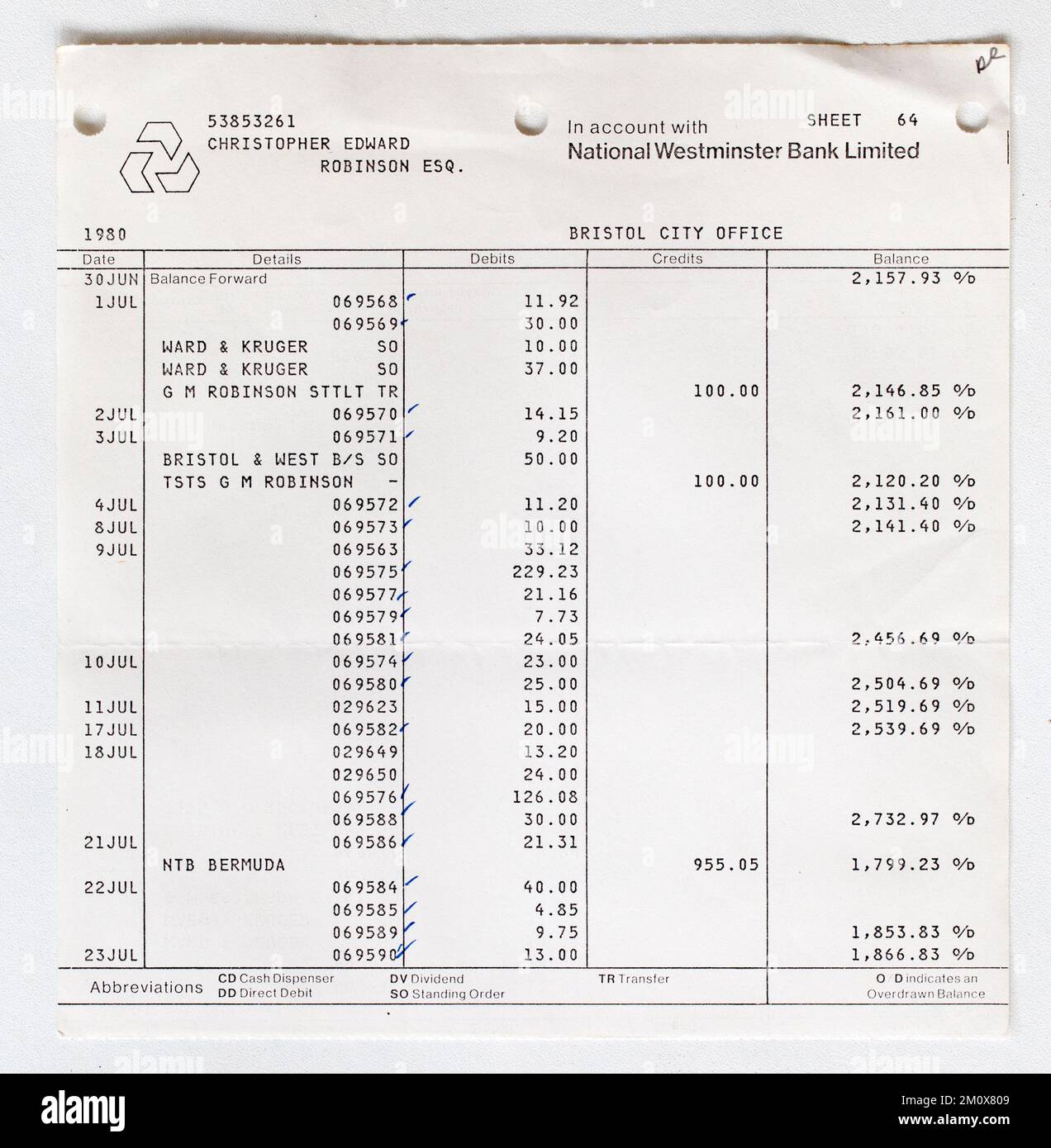 1980s British Bank Account Statement - National Westminster Bank Stock Photo