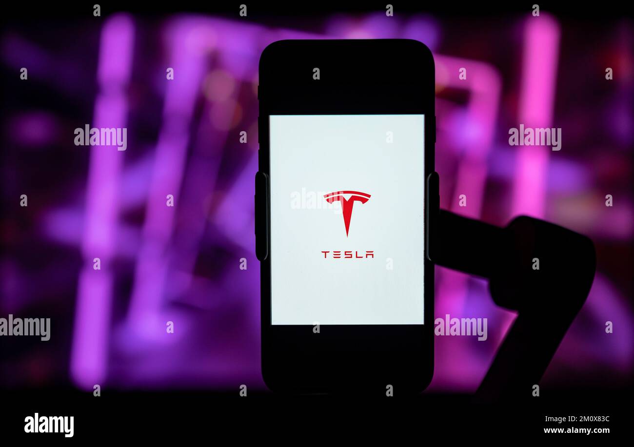 In this photo illustration, the logo of Elon musk's company Tesla is