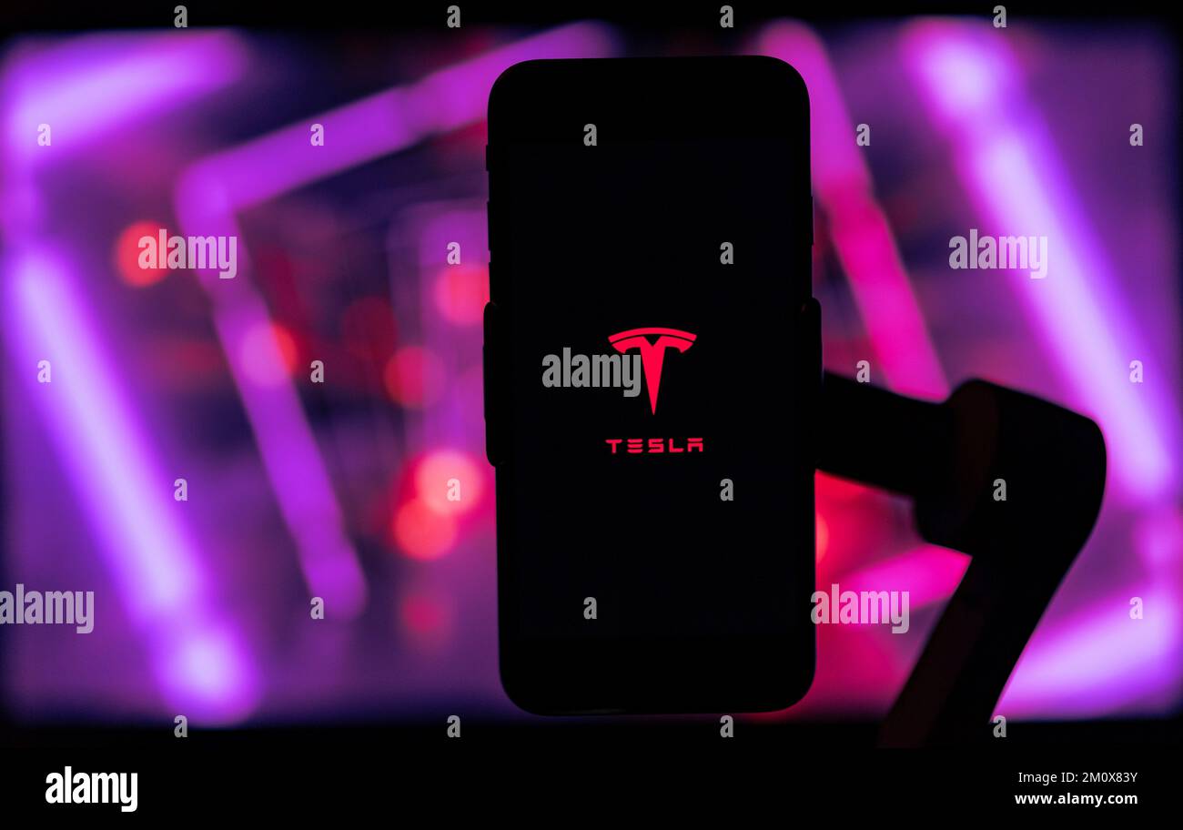 In this photo illustration, the logo of Elon musk's company Tesla is