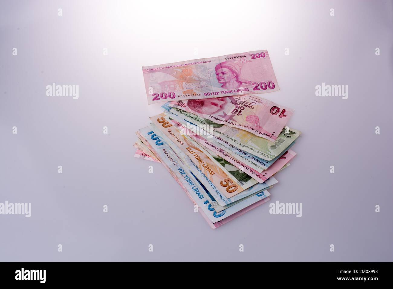Turksh Lira banknotes of various color, pattern and value on white ...