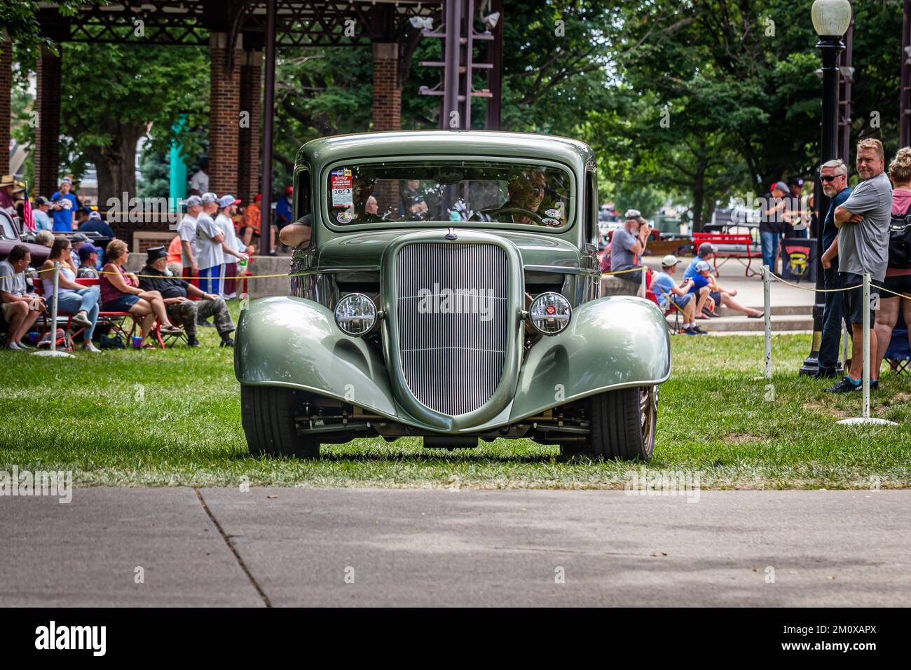 Des Moines, IA July 03, 2022 Wide angle front view of a 1935 Ford