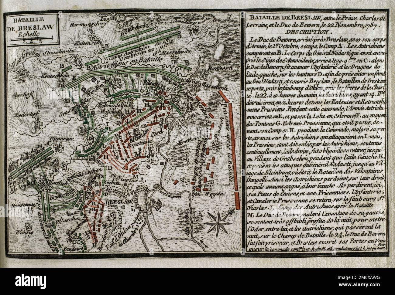 Seven Years War (1756-1763). Third Silesian War. Map of the Battle of Breslau, 1757 (November 22, 1757). Prussian troops under the command of August Wilhelm, Duke of Brunswick-Bevern, were defeated by an Austrian army led by Charles Alexander of Lorraine. Published in 1765 by the cartographer Jean de Beaurain (1696-1771) as an illustration of his Great Map of Germany, with the events that took place during the Seven Years War. Etching and engraving. French edition, 1765. Military Historical Library of Barcelona (Biblioteca Histórico Militar de Barcelona). Catalonia. Spain. Stock Photo