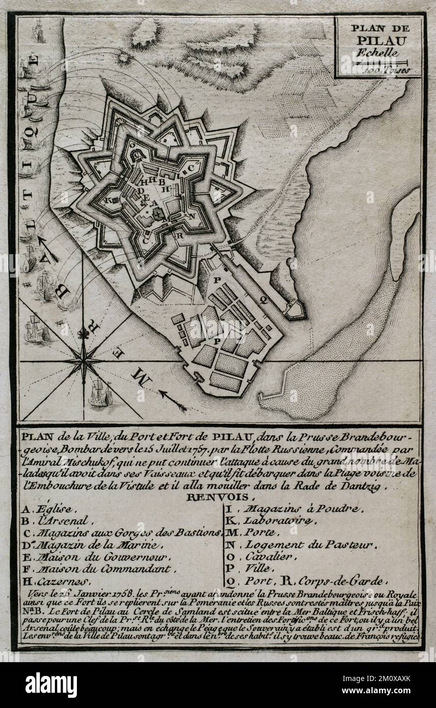 Seven Years War (1756-1763). Map of the fortress of Pillau, on the Baltic Sea. The Russian army was bombarding the fortress during 1757 and 1758, altough was forced to cease it attacks because of an excessive incidence of disease. Despite this, the Prussians abandoned the fortress in early 1758, and remained in Russian hands during the duration of the war. Published in 1765 by the cartographer Jean de Beaurain (1696-1771) as an illustration of his Great Map of Germany, with the events that took place during the Seven Years War. Engraving. French edition, 1765. Military Historical Library of Ba Stock Photo