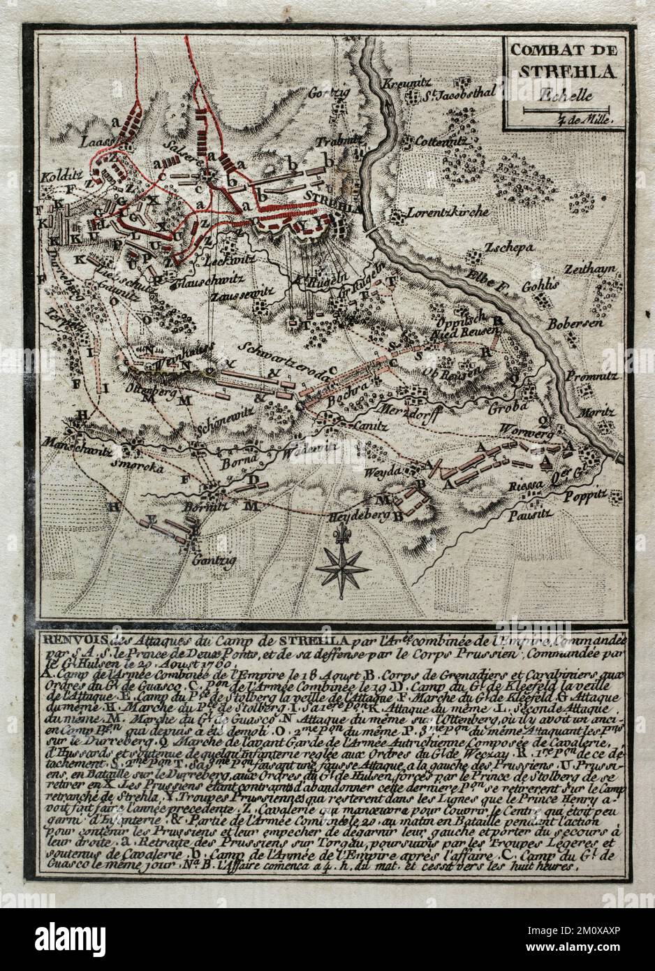 Seven Years War (1756-1763). Third Silesian War. Map of the Battle of Strehla (August 20, 1760). Saxony. The Prussian army, commanded by Johann Dietrich von Hulsen, attacked the Austrian lines defended by troops led by Frederick Michael (Count Palatine of Zweibrucken). The Prussians succeeded in overcoming the Austrians. Published in 1765 by the cartographer Jean de Beaurain (1696-1771) as an illustration of his Great Map of Germany, with the events that took place during the Seven Years War. Etching and engraving. French edition, 1765. Military Historical Library of Barcelona (Biblioteca Hist Stock Photo
