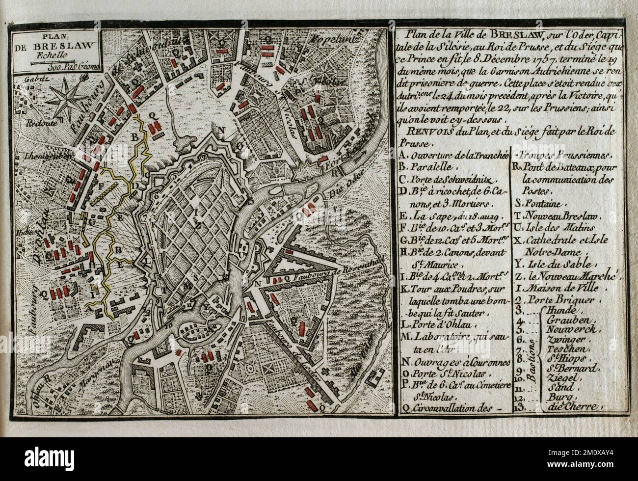 Seven Years War (1756-1763). Map of Breslau, 1757. The town was besieged by the Prussian army of Frederick the Great between 7 and 19 December 1757, which successfully engaged a combined Austrian and French force under the command of Soloman Sprecher von Bernegg. On 20 December the Austrian garrison at Breslau surrendered as prisoners of war. On 21 December the Austrians left Breslau through the Schweidnitz Gate, laying down their arms before Frederick II of Prussia. Map of Breslau and the siege to which it was subjected. Published in 1765 by the cartographer Jean de Beaurain (1696-1771) as an Stock Photo