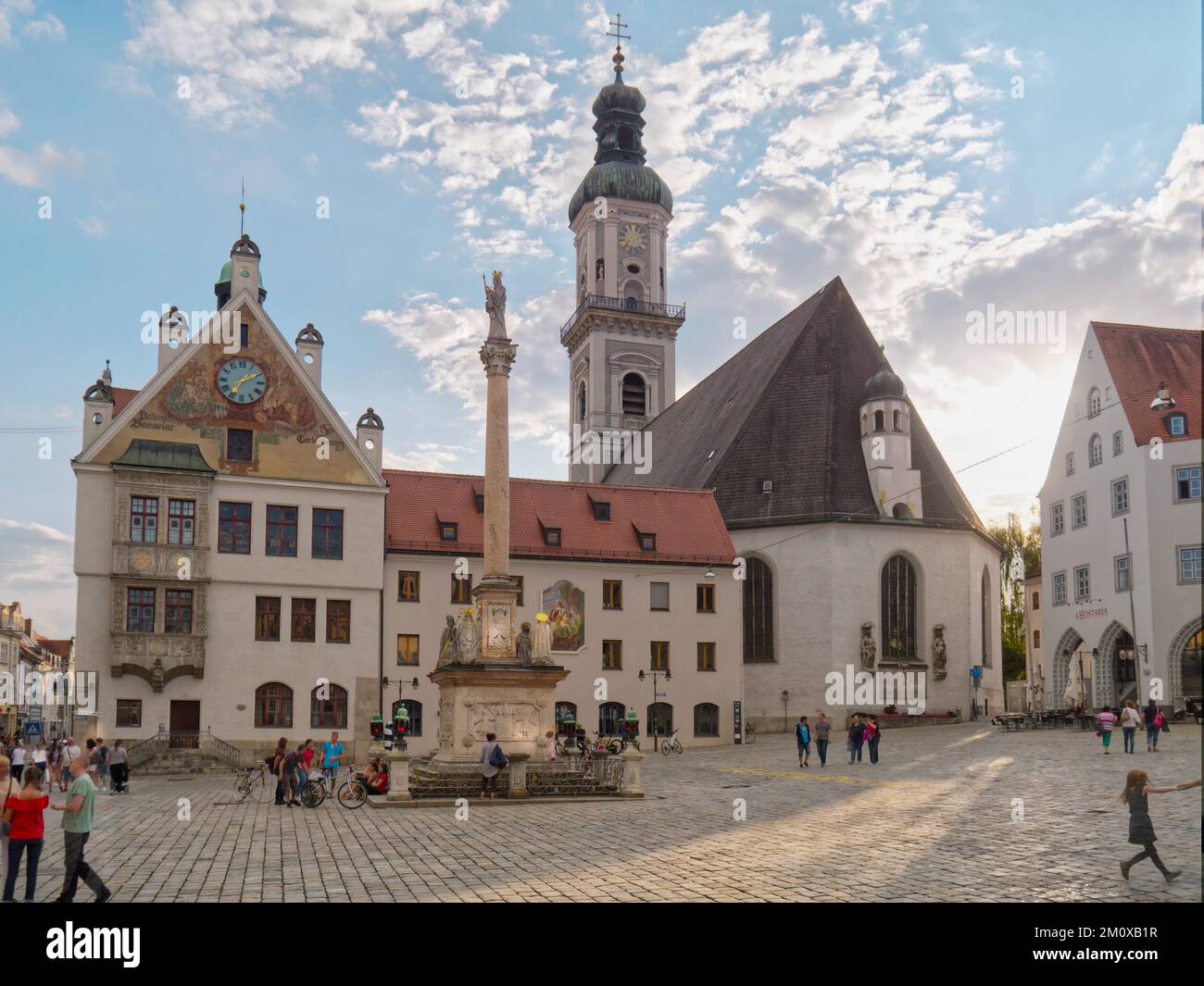 FREISING, GERMANY: The Mary's Column at the town square with town hall and Saint Georges Church in Freising, Germany, Europe Stock Photo