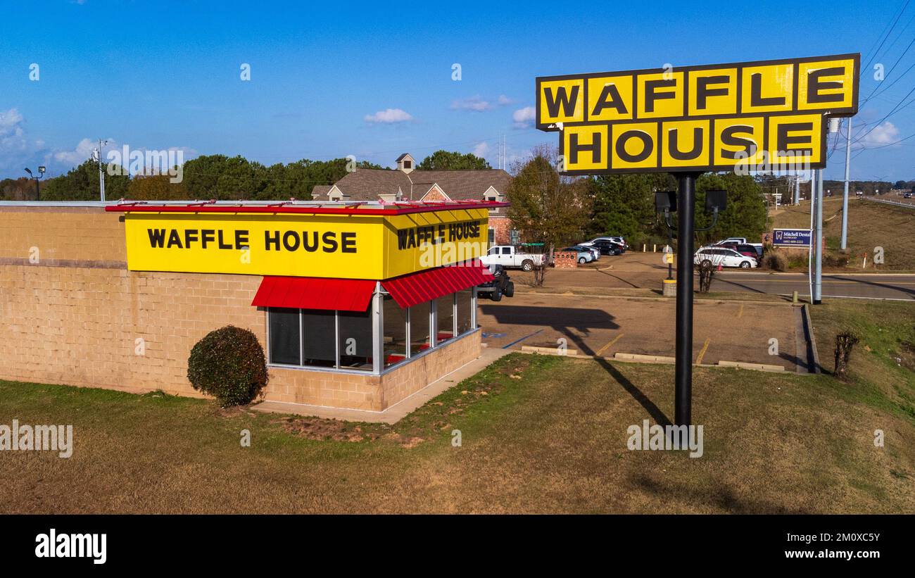 Flowood, MS - December 7, 2022: Waffle House is a popular restaurant chain serving breakfast and dinner foods. Stock Photo